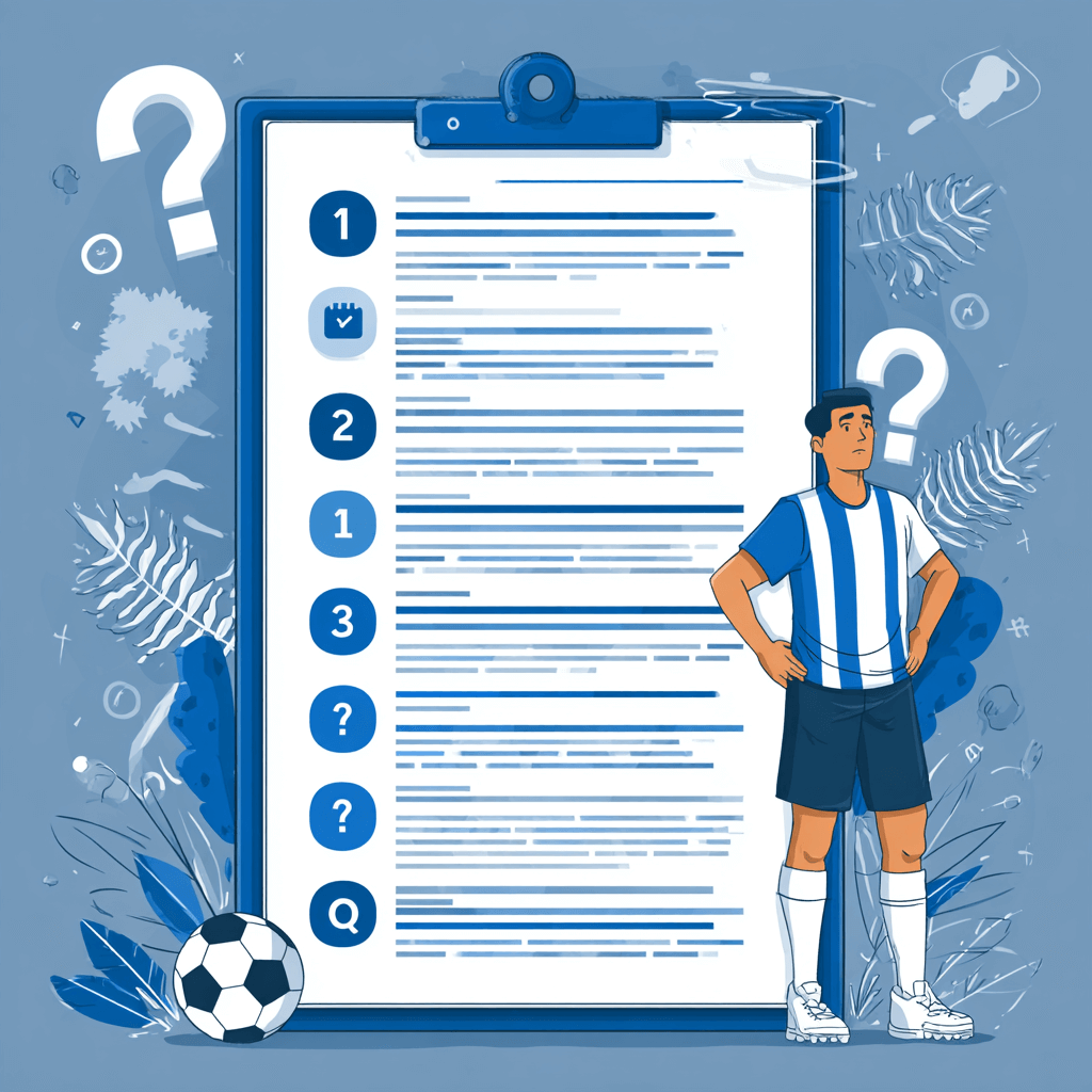 Infographie présentant 10 questions d’auto-évaluation mentale pour les footballeurs, pour mesurer confiance, stress, concentration et stabilité émotionnelle.