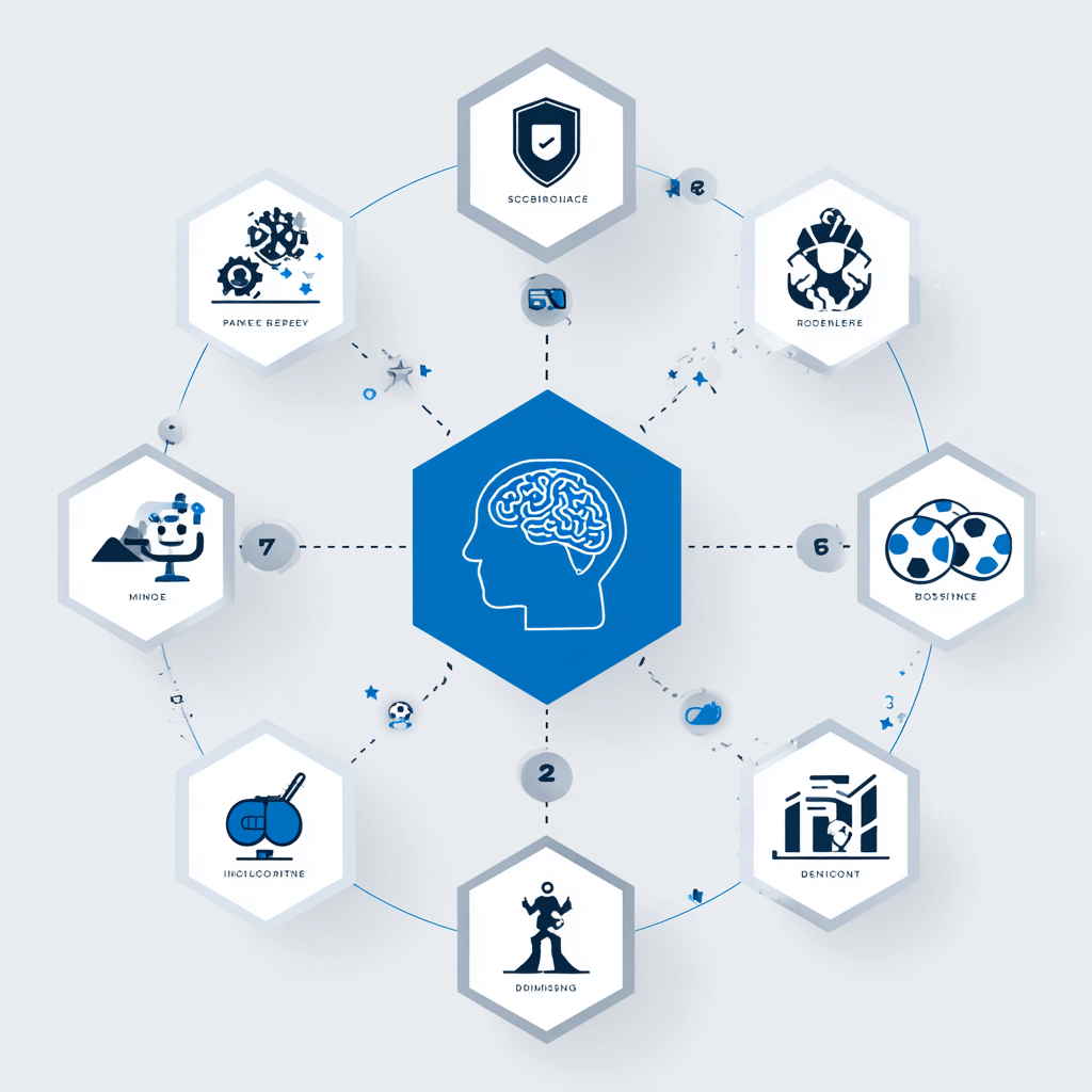 Infographie listant les 7 qualités mentales essentielles pour un footballeur : confiance, concentration, résilience, gestion du stress, prise de décision, progression, discipline.
