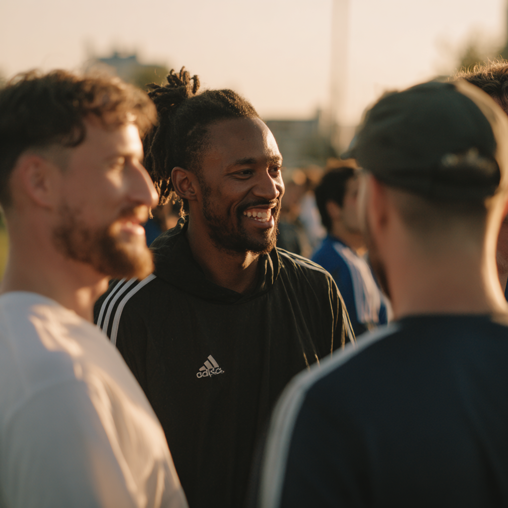 Groupe de joueurs, entraîneurs et agents discutant après un match, illustrant l’importance du relationnel et du networking dans le milieu du football ainsi que dans la création de son réseau personnel.