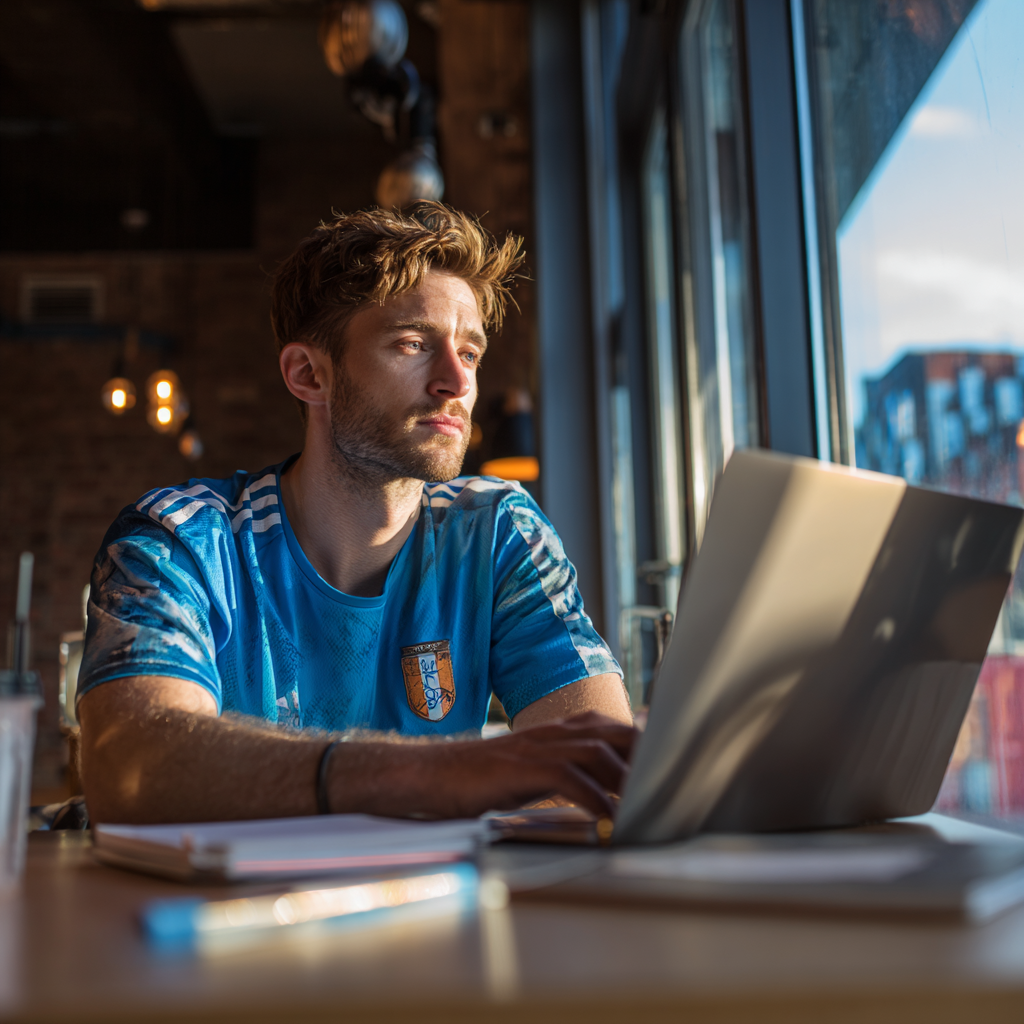 Joueur de football travaillant sur son ordinateur portable avec LinkedIn ouvert, représentant la construction de ses premiers contacts et la gestion de son image professionnelle dans le football.
