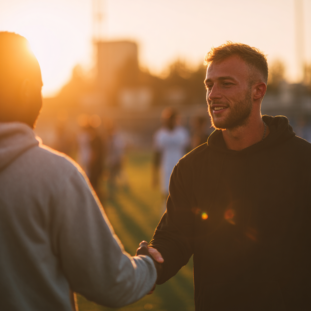Jeune joueur de football serrant la main d’un agent sportif au bord d’un terrain, symbole de la création de relations et d’opportunités dans le milieu du foot professionnel.